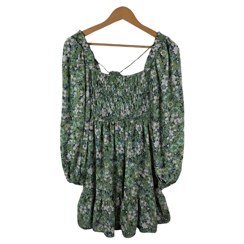 Princess Polly Green‎ Floral Smocked Mini Dress US 4 Milkmaid Fairy Bloomcore